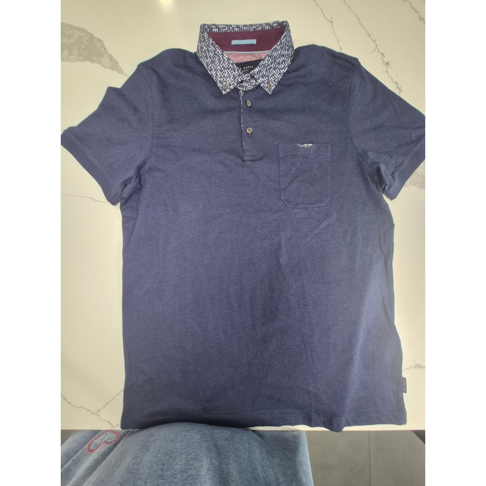 Ted Baker London Mens Navy Blue Polo Shirt Patterned Collar‎ Size 4